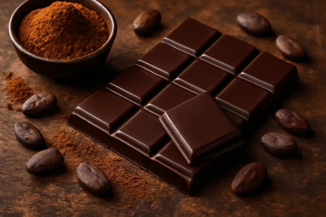 تصویر دانه ها و پودر کاکائو و شکلات تلخ